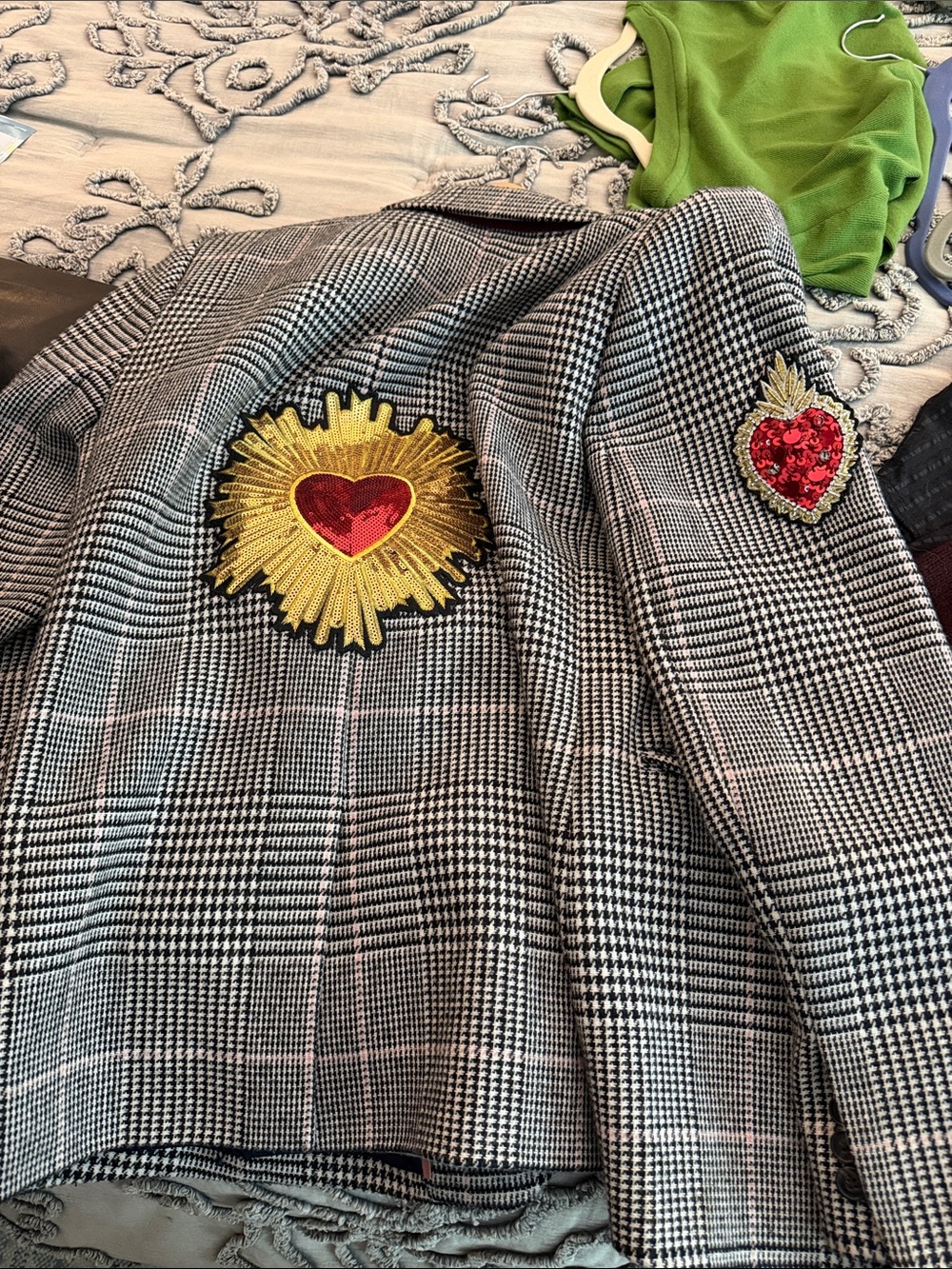 J. Crew Black & White Plaid Blazer with Sequin Floral Appliqués - Picture 2 of 2
